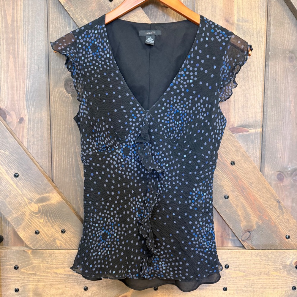Alfani Silk Blouse Womens 6 Black Blue Polka Dot Good Ruffle Cap Sleeve Top